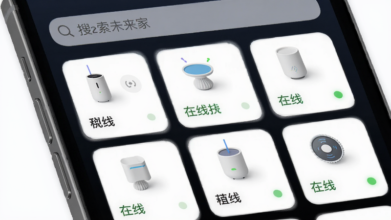 展示精灵未来家APP的设备列表页面,主体为手机屏幕截图风格,顶部是搜索栏,下方是网格状排列的设备卡片,每个卡片显示设备名称和在线状态,布局整齐,排版清晰,风格为iOS与Android混合的现代UI,细节处有柔和的阴影,画质清晰,干净,无多余元素
