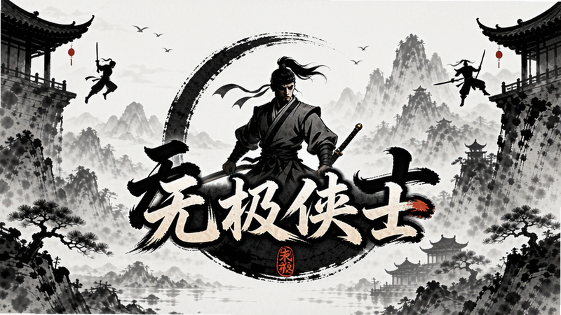 主体为“无极侠士”游戏Logo居中,背景为水墨风江湖山水,远处有飞檐走壁的侠客剪影,布局对称大气,排版简洁,风格为东方古典水墨与现代游戏UI结合,细节丰富,画质高清,干净,无多余元素