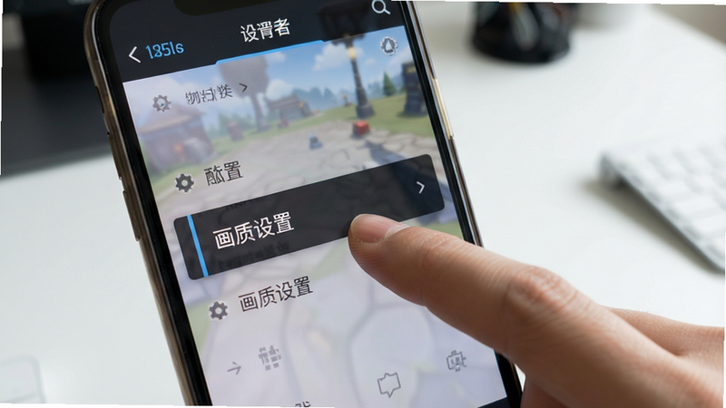 主体为手机屏幕显示游戏设置界面,手指正在点击“画质设置”选项,背景为简洁的桌面,布局聚焦操作细节,排版清晰,风格为教程示意图,细节真实,画质高清,干净,无多余元素
