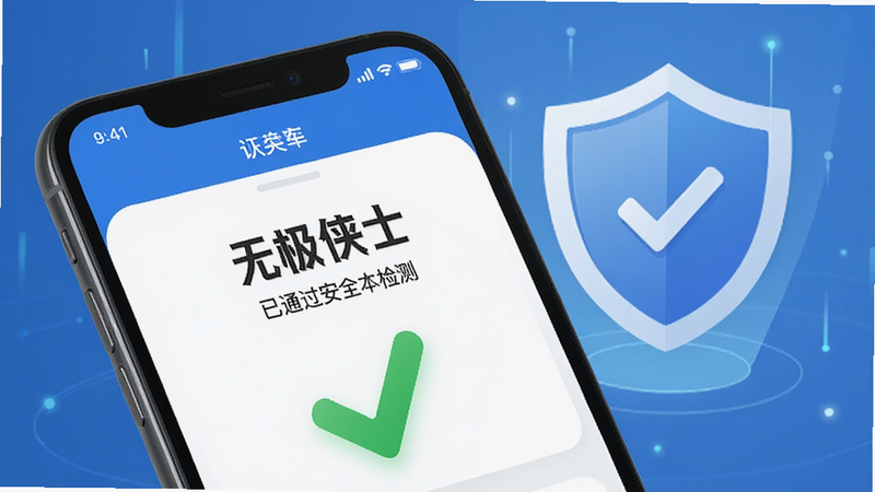 主体为手机安全扫描界面,显示“无极侠士”应用已通过安全检测,绿色对勾标识,背景为简洁的安全盾牌图标,布局突出安全认证,排版简洁,风格为信任感设计,细节清晰,画质高清,干净,无多余元素