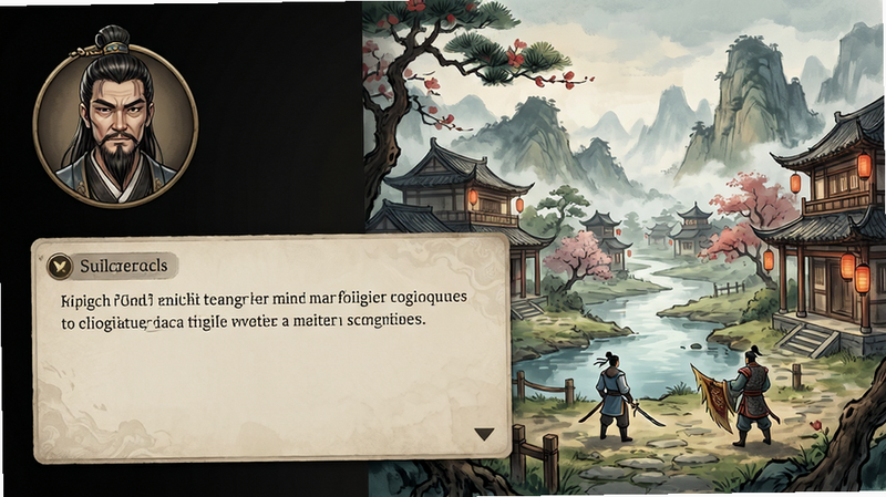 主体为游戏剧情对话界面,左侧是NPC头像与对话框,右侧是精美的江湖背景插画,布局符合移动端阅读习惯,排版舒适,风格为叙事性插画,细节丰富,画质高清,干净,无多余元素