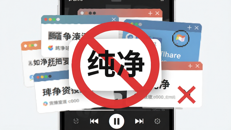 主体为一个禁止符号覆盖在多个杂乱广告弹窗之上,背景是简洁的手机音乐播放器界面,布局中心突出“纯净”概念,风格扁平化设计,细节展示关闭按钮被划掉的视觉效果,画质高,干净,无多余元素