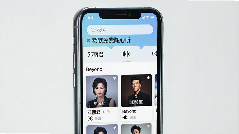 主体为一部竖屏智能手机,屏幕显示“老歌免费随心听”APP首页界面,布局清晰,顶部为搜索栏,中部为分类标签如“邓丽君”“Beyond”,下部为歌曲列表卡片,排版整齐,风格简约清新,细节处体现高清音质图标,画质高清,干净,无多余元素