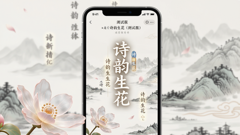 主体为一部竖屏智能手机,屏幕显示《诗韵生花(测试服)》应用界面,背景为淡雅的水墨山水,前景有绽放的虚拟花朵与飘落的诗句文字,布局居中,排版留白充足,风格为新中式极简主义,细节展现花瓣的半透明质感与文字的光晕效果,画质4k,干净,无多余元素,文字“诗韵生花”清晰可见