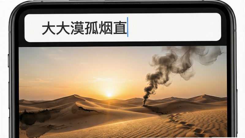 主体是手机屏幕特写,展示输入诗句“大漠孤烟直”后生成的动态背景,画面中有沙漠、落日与孤烟,布局上下分割,上部为文字输入框,下部为生成画面,风格写实与水墨结合,细节展现沙粒质感与光影变化,画质高清,干净,无多余元素,文字“大漠孤烟直”居中显示