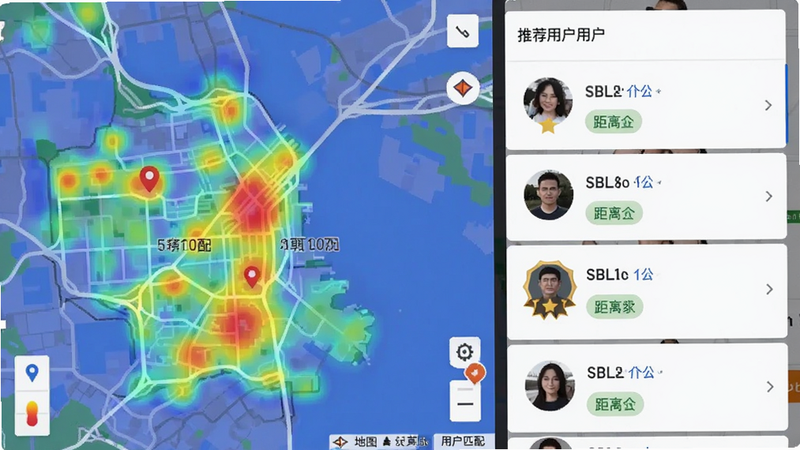 主体为地图定位与用户匹配界面,布局为分屏显示,左侧为城市地图热力图,右侧为推荐用户列表,排版整齐,风格为扁平化设计,细节显示用户等级徽章与距离标签,画质清晰,无杂乱背景