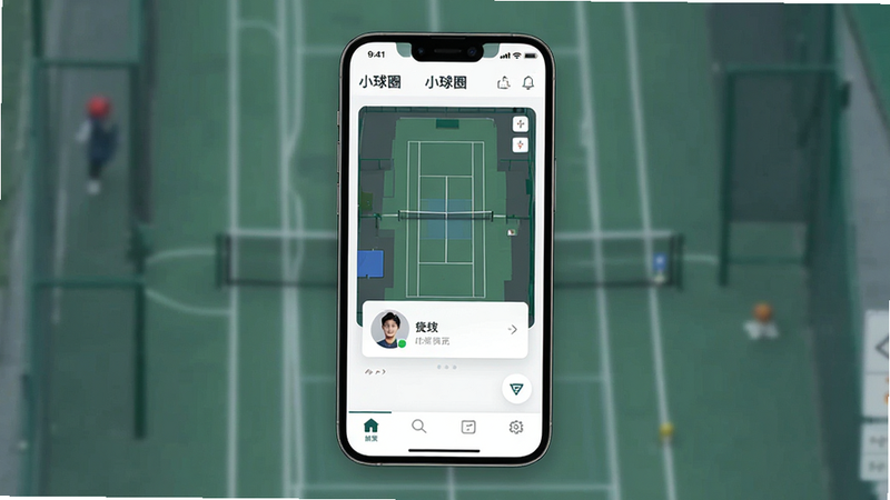 主体为手机应用界面全景展示,布局为竖屏移动端UI设计,排版清晰简洁,风格为现代极简科技风,细节包含顶部导航栏显示“小球圈”Logo,中间区域展示网球场地地图与用户头像卡片,底部有功能菜单图标,画质高清,干净无多余元素