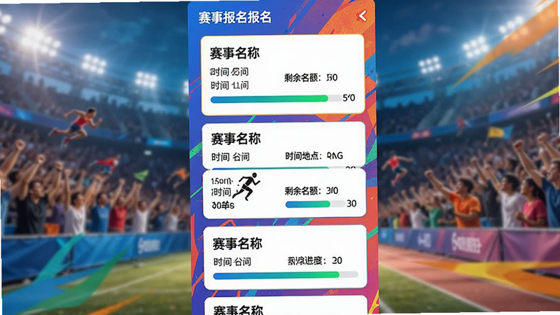 主体为赛事报名页面,布局为卡片式列表,排版纵向滚动,风格为活力运动风,细节显示赛事名称、时间地点、剩余名额进度条,画质明亮,色彩鲜艳但不过分