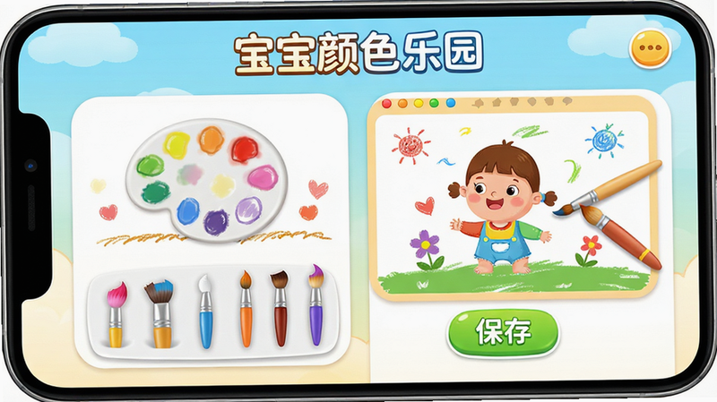 ����Ϊ��������ɫ��԰����׿Ӧ�ý���ȫ��ͼ����������չʾ���˵��봴�����壬�Ű����Բ�Ǿ��ο�ƬʽUI�����Ϊ��������Ķ�ͯ��ͨ�磬ϸ�ڰ�����ɫ�̡����ʹ����������水ť�����ʸ���8k���ɾ��޶���Ԫ�أ����֡�������ɫ��԰��λ�ڶ�������