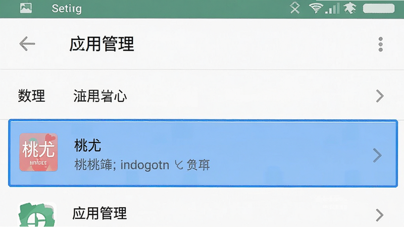 一张手机设置界面的示意图,主体为安卓系统设置页面,显示“应用管理”选项,布局清晰,高亮显示“桃尤”应用条目,排版规整,风格为原生安卓UI,细节处有蓝色选中框,画质清晰,干净,无多余元素