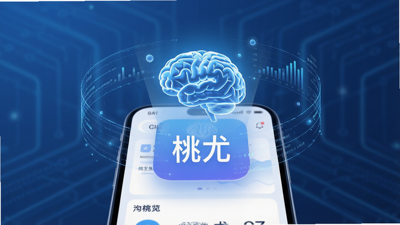 一张概念图,展示一个发光的智能大脑图标悬浮在“桃尤”App界面之上,周围环绕着数据流线条,布局中心对称,排版具有科技感,风格为蓝色科技风,细节丰富,光线柔和,画质清晰,干净,无多余元素