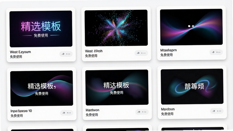 展示模板选择界面的网格布局,每个卡片显示不同的动态特效缩略图,如霓虹字、粒子爆炸、平滑转场等,风格为极简主义,白色背景,卡片带轻微阴影,细节精致,画质高,文字“精选模板”、“免费使用”清晰