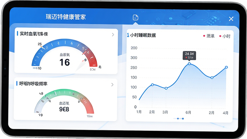 主体为瑞迈特健康管家APP界面全景图,布局采用左右分栏设计,左侧显示实时血氧与呼吸频率仪表盘,右侧展示24小时睡眠数据折线图,排版整洁有序,风格为现代医疗科技风,细节包含蓝色主题色与白色卡片式背景,画质高清,干净无多余元素,文字显示