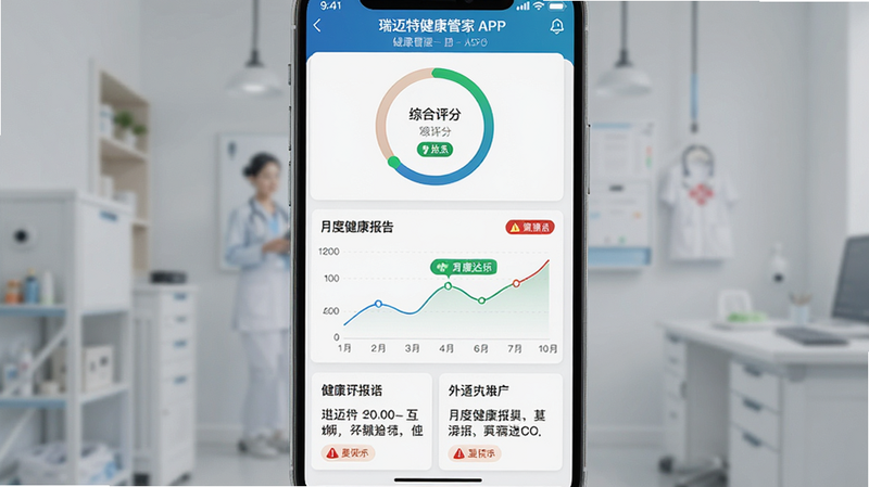 主体为瑞迈特健康管家APP内的健康报告页面,布局为纵向滚动列表,顶部是综合评分圆环,中部是趋势折线图,底部是文字解读卡片,排版层次分明,风格为专业医疗UI,细节包含绿色达标标签与红色警示标签,画质高保真,干净,文字显示