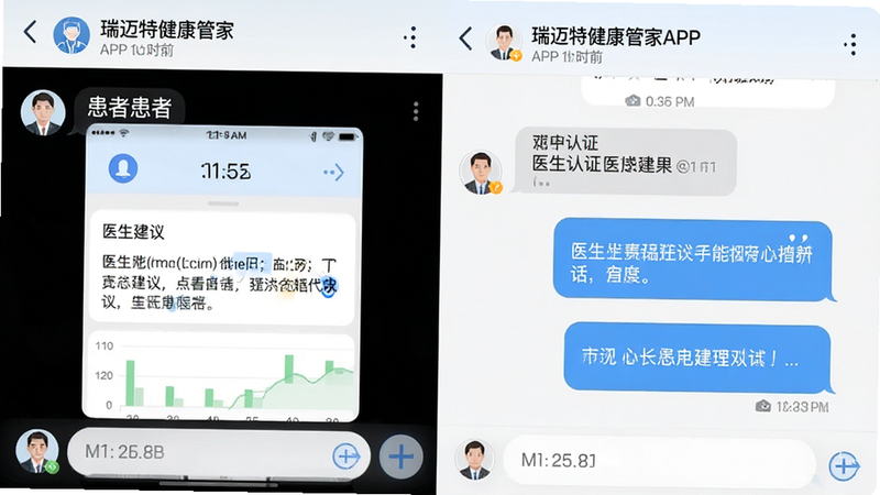 主体为瑞迈特健康管家APP的医患对话界面,布局模仿即时通讯软件,左侧是患者发送的数据截图,右侧是医生发送的文字建议,排版对话气泡形式,风格为清新医疗风,细节包含医生认证标识与消息时间戳,画质细腻,干净,文字显示