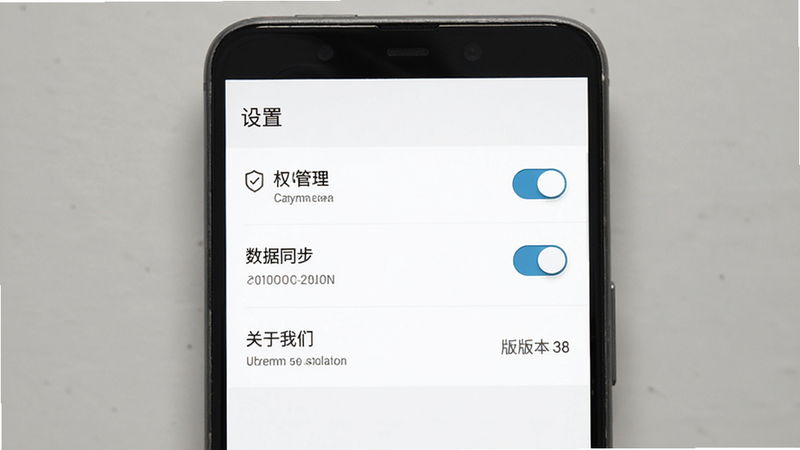 主体为瑞迈特健康管家APP在安卓手机上的设置界面,布局为列表形式,包含权限管理、数据同步、关于我们等选项,排版整齐,风格为极简主义,细节包含开关按钮与版本号显示,画质清晰,干净,文字显示