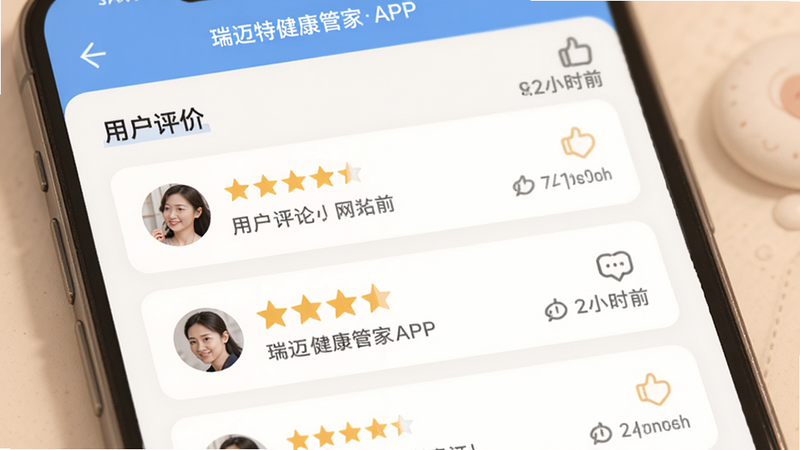 主体为瑞迈特健康管家APP的用户评价页面,布局为卡片式列表,显示五星好评与用户头像,排版温馨,风格为社区互动风,细节包含点赞图标与评论时间,画质柔和,干净,文字显示
