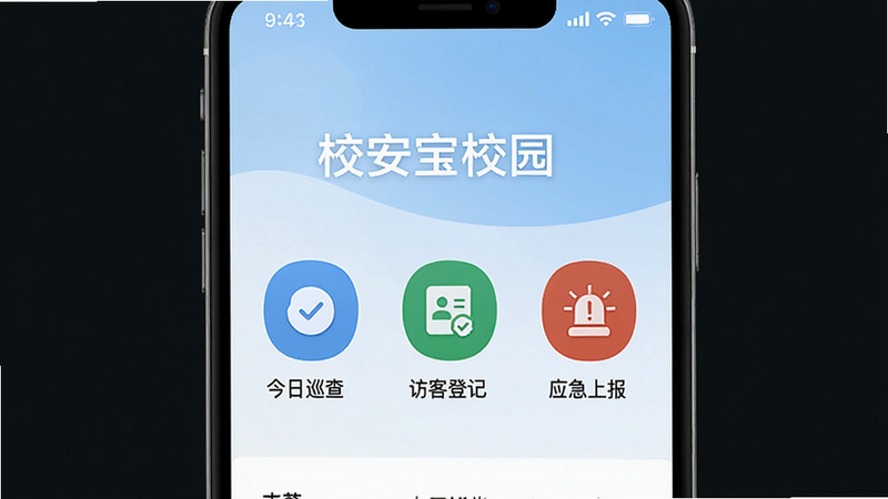 主体为手机界面,显示“校安宝校园”APP首页,布局清晰,包含“今日巡查”、“访客登记”、“应急上报”三个大图标,背景为淡蓝色渐变,风格扁平化,细节丰富,画质高清,干净,无多余元素,文字“校安宝校园”居中显示