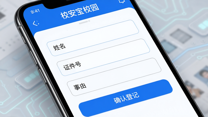 主体为手机屏幕特写,显示“校安宝校园”APP的访客登记页面,布局分为姓名、证件号、事由三个输入框,下方有“确认登记”蓝色按钮,风格科技感,细节精致,画质高清,干净,无多余元素,文字“校安宝校园”显示在页面头部