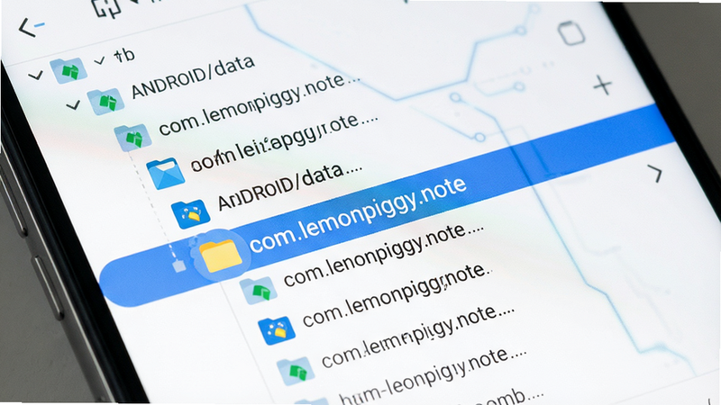 ����Ϊ�ֻ��ļ����������棬��ʾAndroid/dataĿ¼�ṹ��������ʾcom.lemonpiggy.note�ļ��У�������״ͼ�������Ƽ���ϸ�����ļ���ͼ�꣬���ʸ��壬�ɾ����޶���Ԫ��