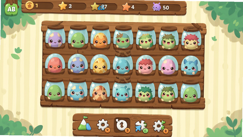 主体展示 AB Hatchlings 游戏主界面全景,布局清晰分为顶部资源栏、中部孵化舱阵列和底部功能菜单,排版对称平衡,风格为清新扁平化矢量插画,细节包含彩色蛋、可爱小生物和木质装饰,画质高清,干净,无多余元素