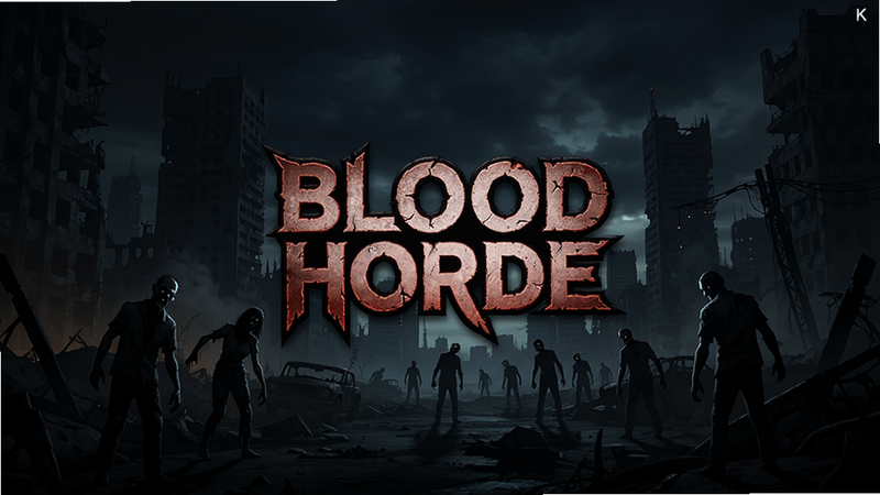 ����ΪBlood Horde��Ϸ���˵����棬������ʾ��ϷLogo�������ǻ谵�ķ�������ҹ����Զ���н�ʬ��Ӱ�������������Ű��࣬���дʵ�Ҵ���ĩ���ƻøУ�ϸ�ڷḻ������4k���ɾ����޶���Ԫ�أ�����'Blood Horde'�����ɼ�