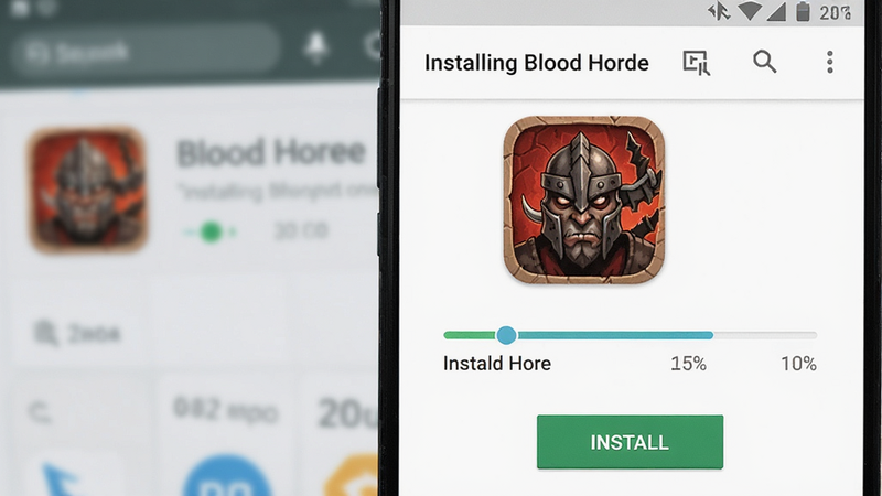 ����Ϊ��׿�ֻ���װ���棬��ʾBlood HordeӦ��ͼ��ͽ�����������ģ�������ּ�࣬�Ű��׼�������ϵͳUI��ϸ�ڰ������ȰٷֱȺͰ�װ��ť�������������ɾ����޶���Ԫ�أ�����'Installing Blood Horde'