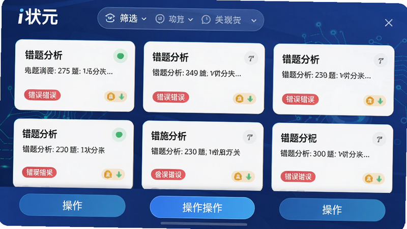 主体为i状元APP的错题本功能界面,布局采用卡片式列表,每张卡片显示题目摘要与错误标签,顶部有筛选栏,底部为操作按钮,风格为科技感与教育结合,细节显示清晰的字体排版与状态标识,文字包含