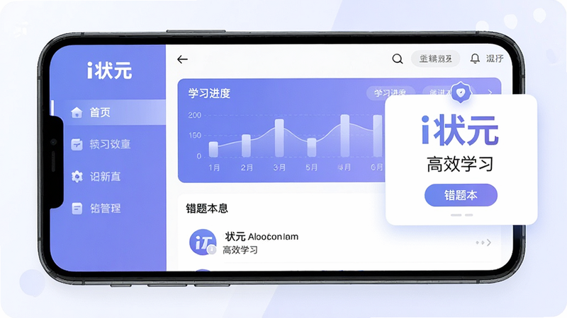 主体为i状元APP的手机界面展示,布局清晰,左侧为侧边栏导航,中间为主内容区,显示学习进度图表与错题本列表,右侧为悬浮提示框,风格为现代简约扁平化,细节包含清晰的UI图标与柔和的蓝紫色调,文字包含