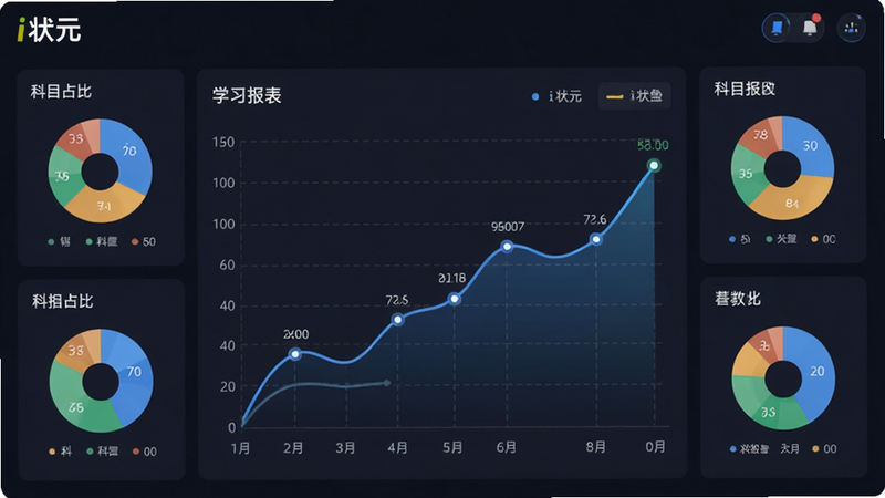 主体为i状元APP的数据统计页面,布局为全屏图表展示,中央为大型折线图展示成绩走势,周围环绕小型饼图显示科目占比,风格为数据可视化美学,细节包含网格线与数据点标注,文字包含