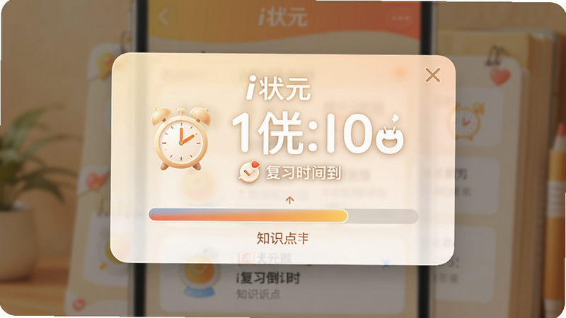 主体为i状元APP的通知提醒界面,布局为弹窗样式,中心显示复习倒计时与知识点名称,背景模糊处理,风格为温馨且专注,细节包含时钟图标与进度条,文字包含