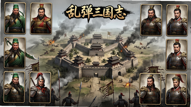 游戏全景展示,主体为“乱弹三国志”游戏主界面,布局采用中心对称式,中央显示宏伟的三国城池地图,四周环绕着关羽、曹操、刘备等经典武将立绘卡片,排版工整有序,风格为写实国风水墨与3D建模结合,细节丰富展现战场硝烟与盔甲质感,画质高清,干净,无多余元素