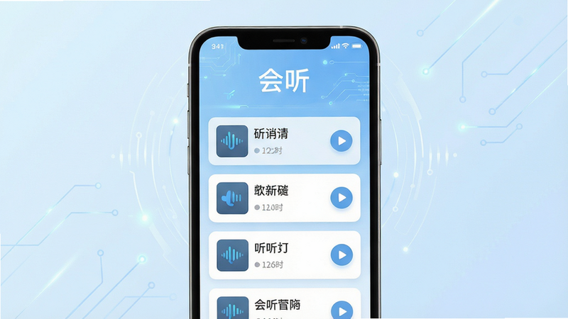 主体为一个现代简约风格的智能手机屏幕,屏幕中央显示着“会听”APP的主界面,背景为柔和的浅蓝色渐变。界面顶部清晰展示“会听”品牌Logo,下方是列表式的听力材料卡片,每张卡片包含标题、时长和播放按钮。布局采用垂直流式排版,视觉中心突出核心功能。风格为扁平化设计,细节处体现科技感的线条装饰。画质高清,干净无多余元素,文字“会听”清晰可见。
