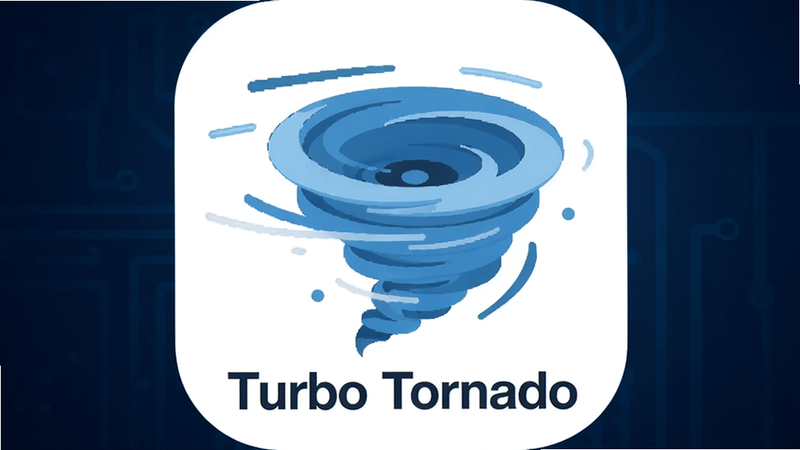 主体为Turbo Tornado安卓应用图标,布局居中,背景为深蓝色科技渐变,排版简洁现代,风格为扁平化UI设计,细节包含旋转的风暴元素与速度线,画质高清,干净无多余元素,文字