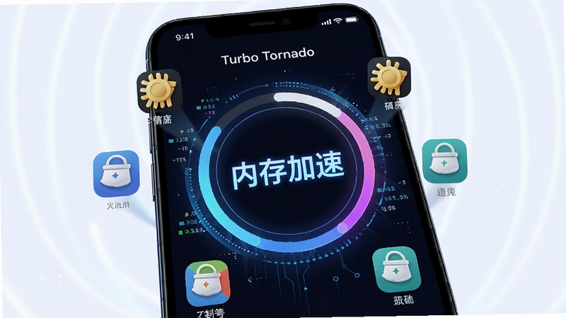 主体为手机屏幕界面,显示Turbo Tornado的内存加速界面,布局为环形进度条居中,周围环绕着正在被清理的应用图标,风格为霓虹科技感,细节包含数据流动的光效,画质清晰,干净,文字