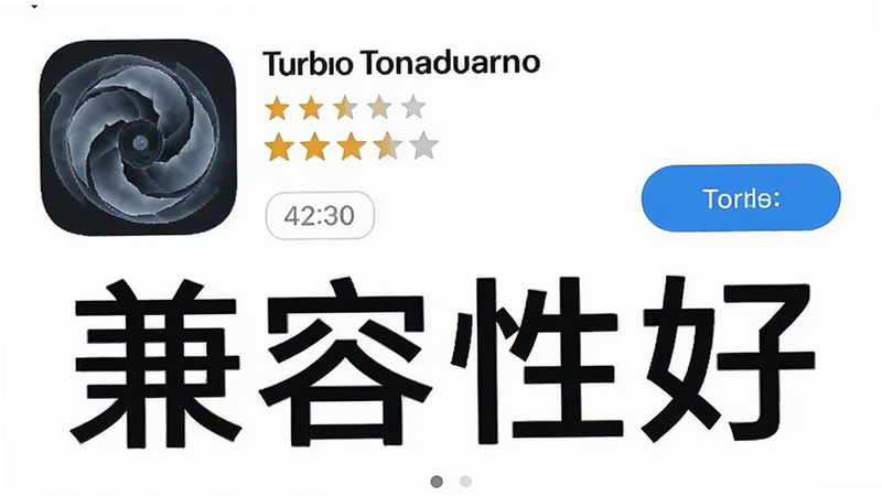 主体为Turbo Tornado应用商店截图,显示兼容列表和下载按钮,布局清晰,风格为电商展示风,细节包含星星评分和版本号,画质高清,干净,文字