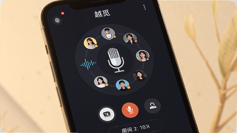 主体为手机屏幕显示“越觅”语音连麦界面,布局为圆形麦克风阵列与在线用户头像,排版中心对称,风格科技感与温馨感结合,细节包含声波动画、静音按钮及房间信息,画质高清,干净无多余元素