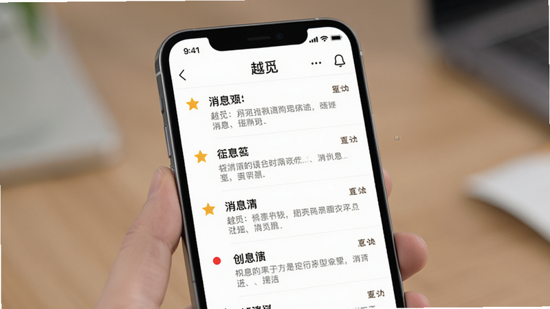 主体为手机屏幕显示“越觅”消息列表界面,布局为列表式排列,排版整洁有序,风格简约商务风,细节包含未读红点、置顶星星图标及消息摘要,画质高清,干净无多余元素