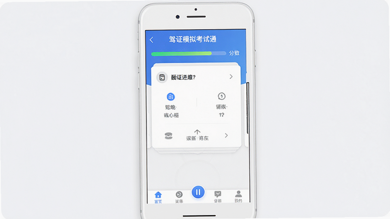 主体为一部白色智能手机,屏幕显示“驾证模拟考试通”应用界面,布局清晰,顶部有分数进度条,中部为选择题卡片,底部为功能导航栏,排版整洁,风格现代简约,细节展现UI图标质感,高清画质,干净背景,无多余元素