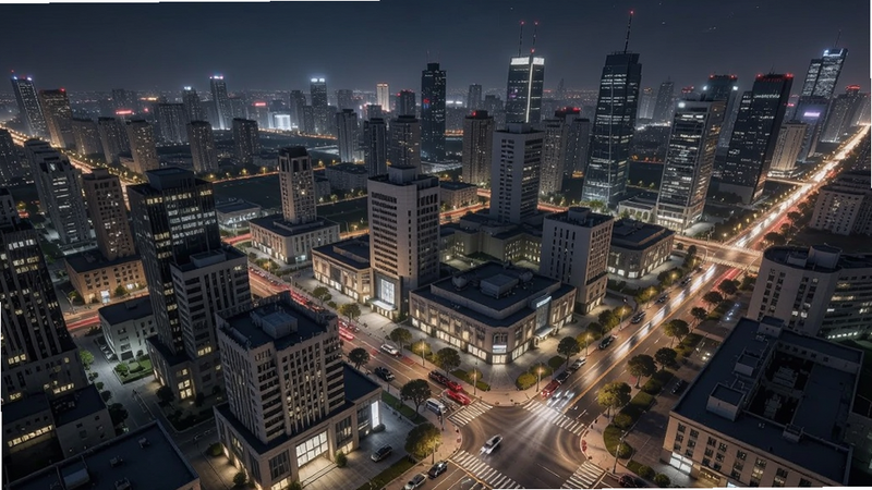 主体为俯瞰视角的城市全景,布局宽阔,排版展示建筑错落有致,风格为现代都市夜景,细节呈现灯光反射与街道车流,画质清晰,干净,无多余元素