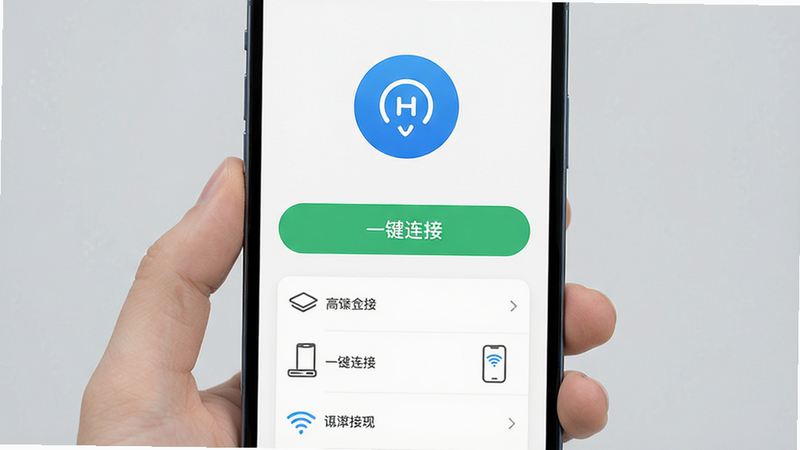 主体为手机屏幕界面,布局为中央大图标加下方列表,排版清晰直观,风格为简约UI设计,细节显示一个大的连接按钮和几个已发现的设备图标,背景为白色,画质清晰,干净,无多余元素,文字内容