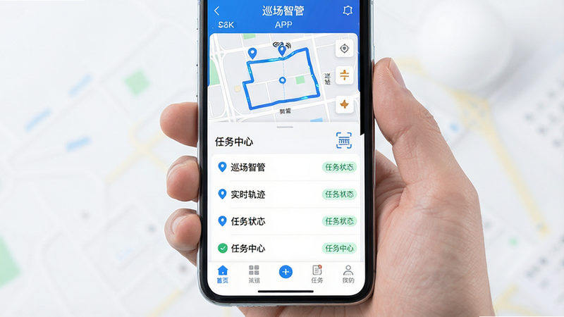 ����Ϊ�ֻ���Ļ��ʾѲ���ǹ�APP���棬����������������ʾʵʱ��ͼ�켣���в�Ϊ�����б����ײ�Ϊ���������Ű����ִ������Ϊ�Ƽ������ɫ���䣬ϸ�ڰ���GPS��λͼ�ꡢNFCɨ��ͼ�ꡢ����״̬��ǩ�����ʸ���8k���ɾ��޶���Ԫ�أ��������Ű�����Ѳ���ǹܡ�����ʵʱ�켣�������������ġ�