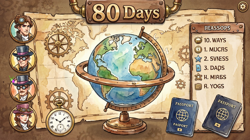 ����Ϊ80 Days��Ϸ�����棬������������ת�ĵ������븴�ŵ�ͼ���Ű�����չʾ��ɫͷ���������б������Ϊ�ֻ�ˮ����������˽�ϣ�ϸ�ڷḻ���������뻤��Ԫ�أ����ʸ��壬�ɾ��޶���Ԫ��