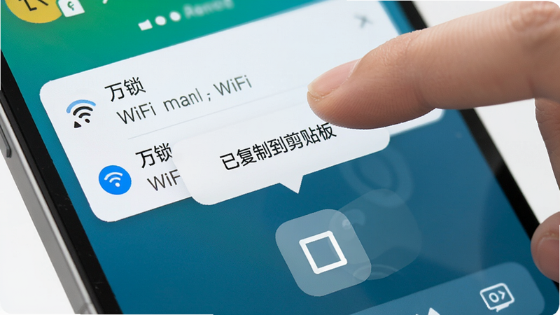 手机界面演示图,显示用户手指长按一条WiFi记录,弹出“已复制到剪贴板”的提示气泡,界面下方显示剪贴板图标正在淡出,表现自动清理功能,界面明亮,操作感强,清晰展示“万锁”的便捷交互,高清摄影风格