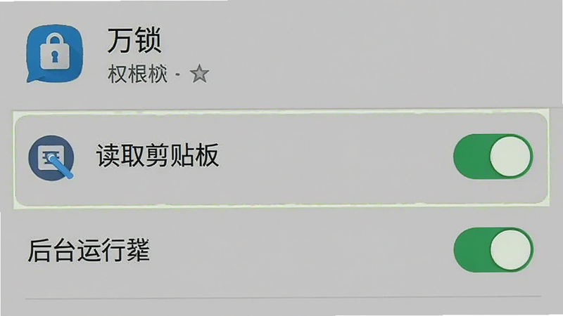 手机设置界面截图风格图,显示“万锁”应用在系统权限列表中的状态,重点高亮显示“读取剪贴板”和“后台运行”开关为开启状态,界面清晰,模拟真实安卓系统风格,高清细节,无水印