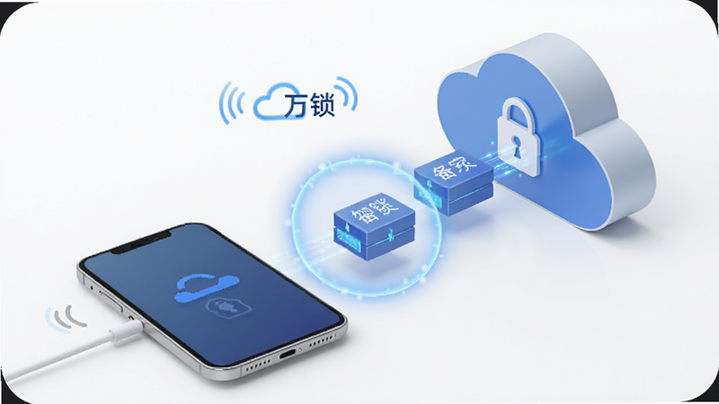 概念图,展示一部手机通过无线信号将数据包传输到云朵图标中,数据包被蓝色光环包裹,象征加密云同步,背景简洁白色,突出“万锁”的备份功能,风格科技简约,高清渲染