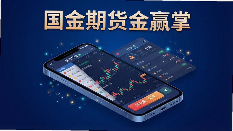 一张展示国金期货金赢掌APP首页界面的3D等距视角插画,主体为悬浮的手机模型,屏幕清晰显示K线图表和买卖按钮,布局采用左右分栏结构,左侧为实时行情列表,右侧为核心交易面板,风格为现代科技风,细节包含微光粒子效果,画质高清,干净无多余元素,背景为深蓝色渐变,文字