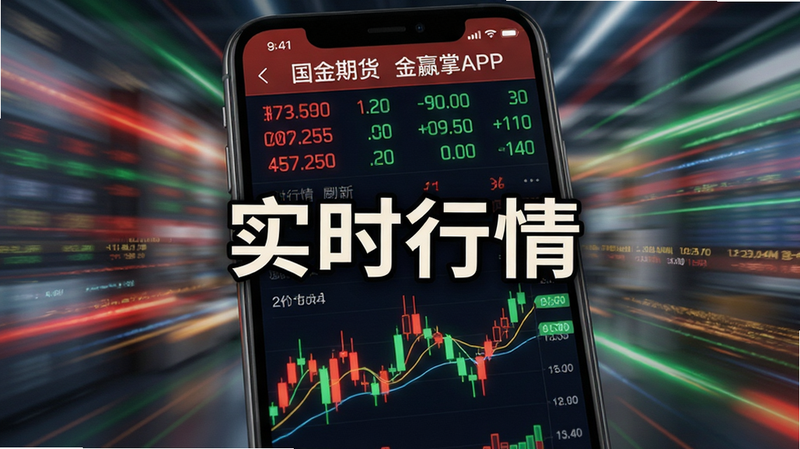 动态模糊背景下的手机屏幕特写,展示国金期货金赢掌APP的快速行情刷新界面,主体为红绿跳动的数字和流畅的K线走势,布局紧凑,风格为高速动感,细节包含数据流光效,画质锐利,干净,无多余元素,文字
