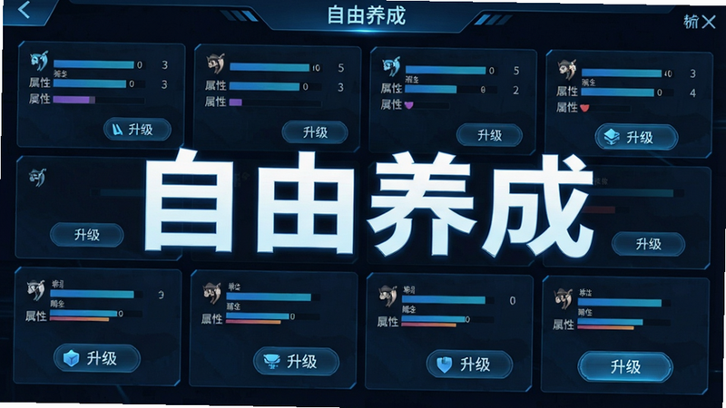 主体为角色养成界面,布局为网格状展示,排版整齐,风格为科技蓝与暗黑风结合,细节包含属性条与升级按钮,画质清晰,干净,无多余元素,文字