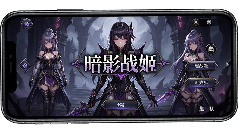 主体为手机屏幕展示《暗影战姬》游戏主界面,布局采用中心对称设计,排版清晰,风格为暗黑奇幻与二次元结合,细节包含角色立绘与UI按钮,画质高清,干净无多余元素,文字